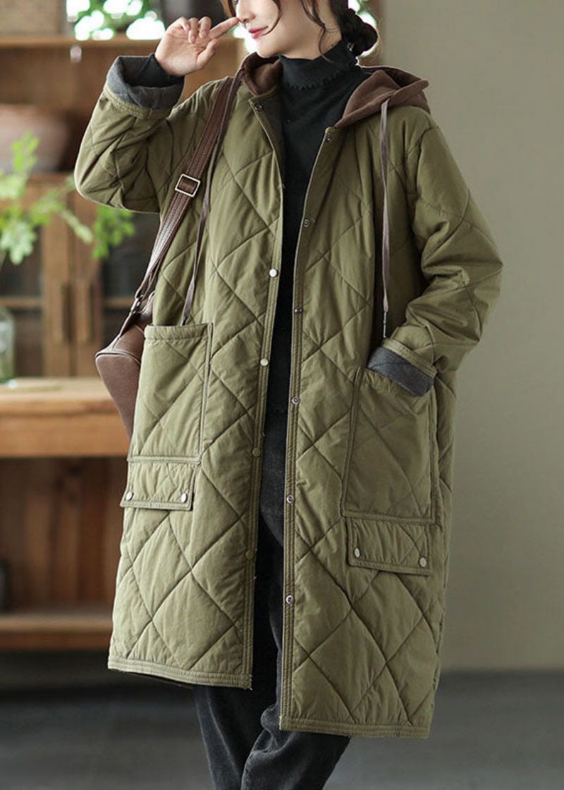 Army Green Pockets Button Tykk Hette Parka Langermet - Army Green