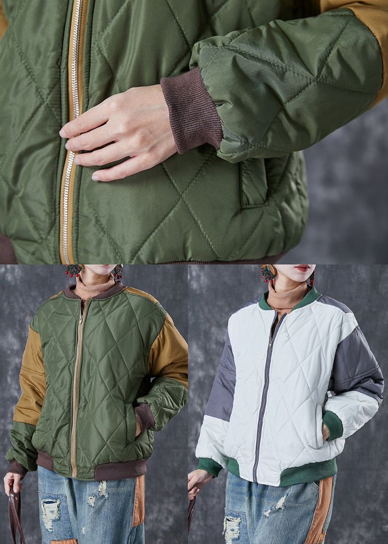 Art Army Green Zip Up Patchwork Fine Bomullsfylte Parkas Vinter - Dunjakker for kvinner