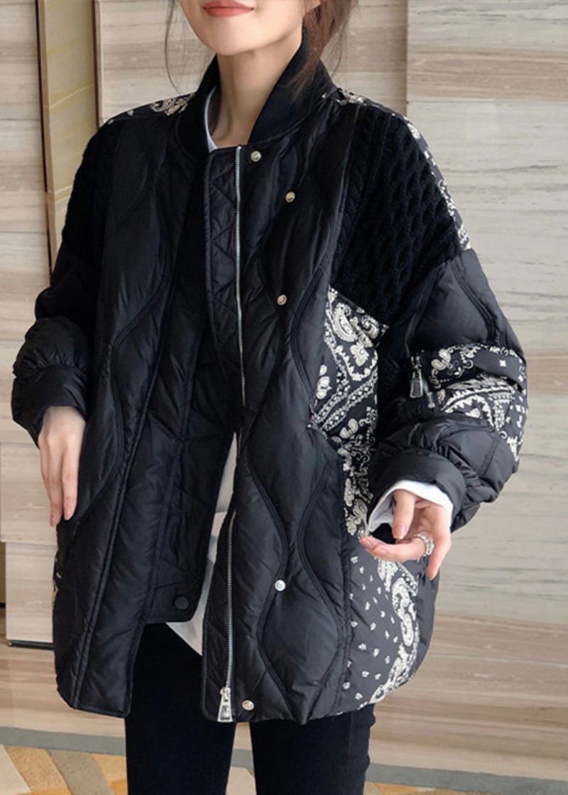 Art Black Stand Krage Print Patchwork Glidelås Button Duck Down Coat Winter - Dunjakker for kvinner