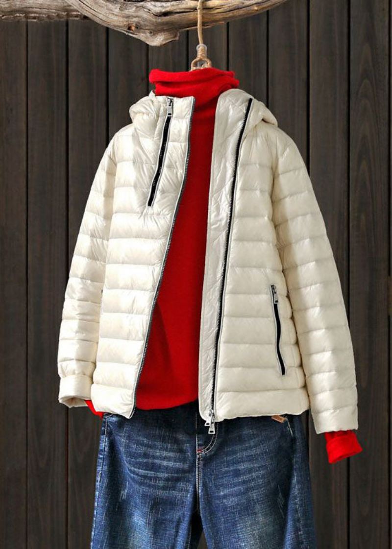 Art White Stand Collar Hette Zip Up Lommer Duck Down Puffer Jacket Winter