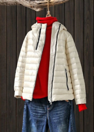 Art White Stand Collar Hette Zip Up Lommer Duck Down Puffer Jacket Winter