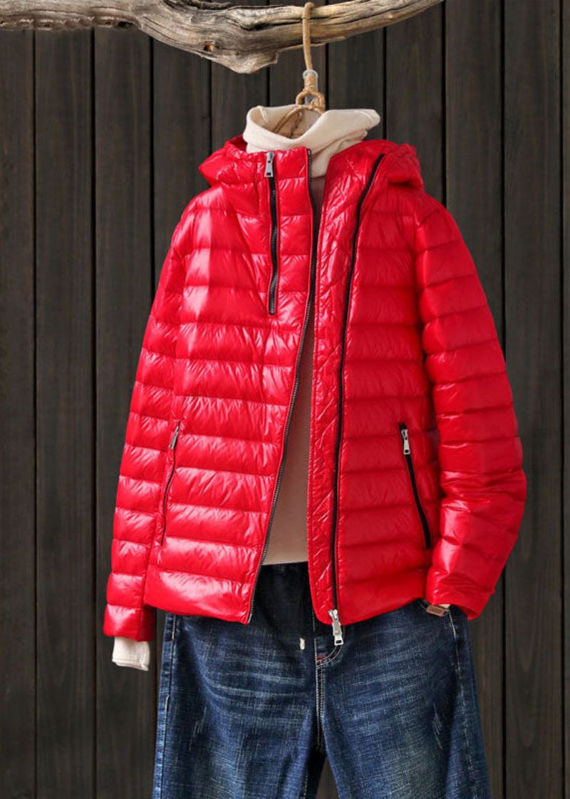 Art White Stand Collar Hette Zip Up Lommer Duck Down Puffer Jacket Winter - Hvit