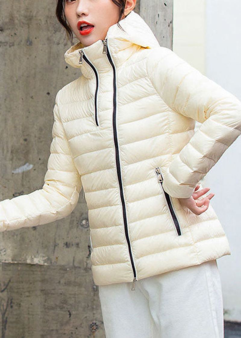 Art White Stand Collar Hette Zip Up Lommer Duck Down Puffer Jacket Winter - Hvit