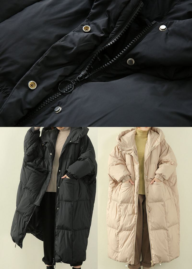 Beige Lommer Duck Down Coat Zip Up Winter - Svart