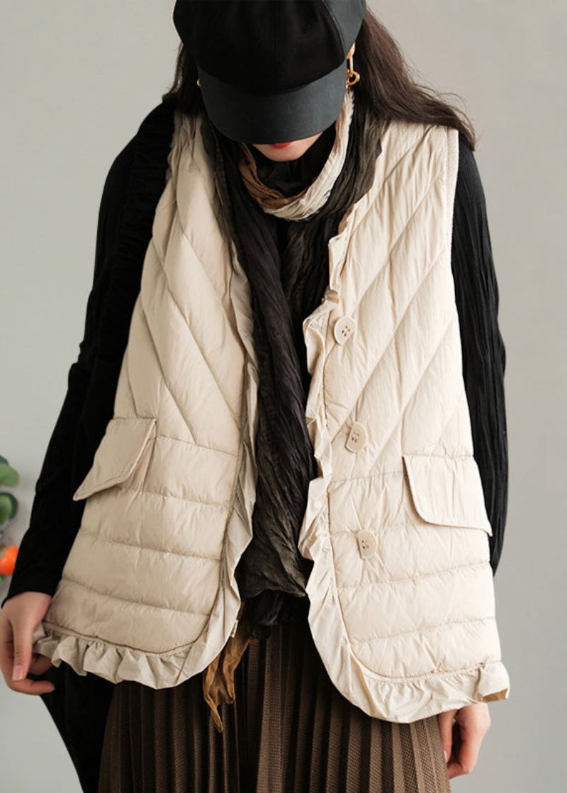 Beige Ruffled Patchwork Button Duck Down Vest Ermeløs