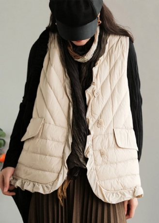 Beige Ruffled Patchwork Button Duck Down Vest Ermeløs