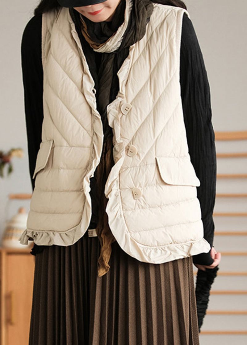 Beige Ruffled Patchwork Button Duck Down Vest Ermeløs - Beige