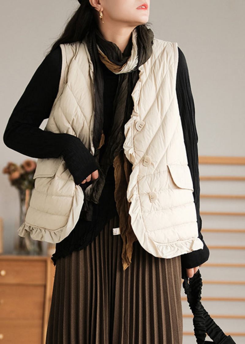 Beige Ruffled Patchwork Button Duck Down Vest Ermeløs - Beige