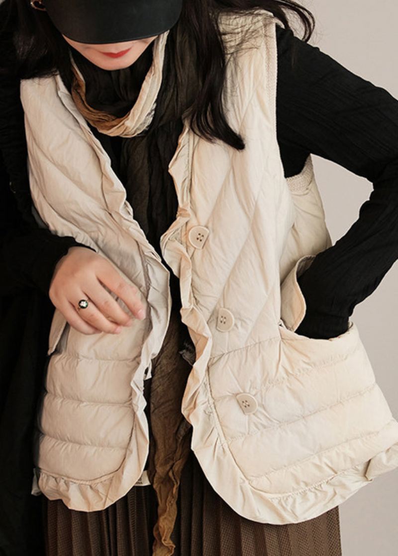 Beige Ruffled Patchwork Button Duck Down Vest Ermeløs - Beige