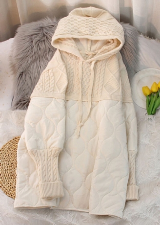 Beige Strikket Lappeteppe Koselig Tynn Mid Parka Topp Hette Vinter