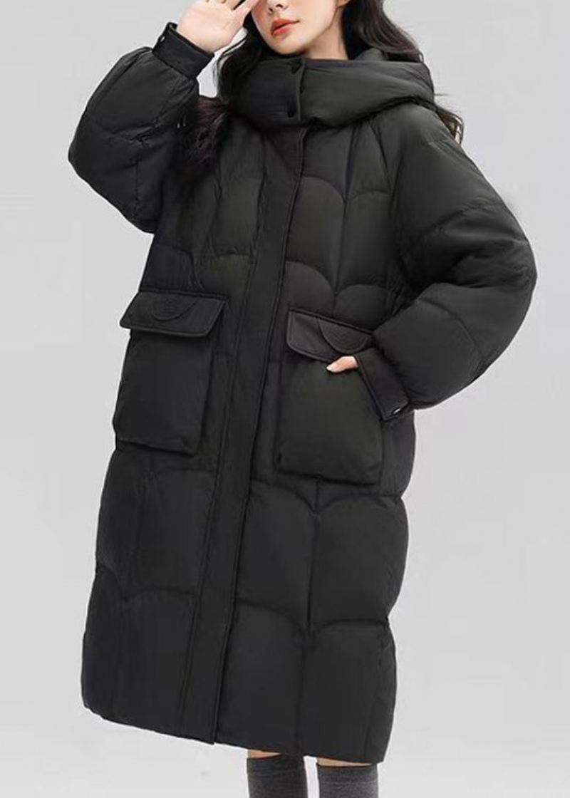 Black Button Patchwork Duck Down Puffers Coat Zip Up Langermet