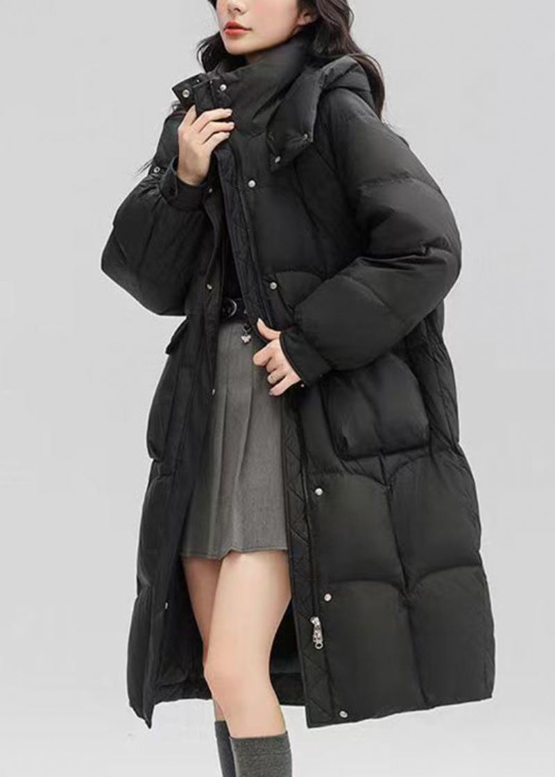 Black Button Patchwork Duck Down Puffers Coat Zip Up Langermet - Dunjakker for kvinner