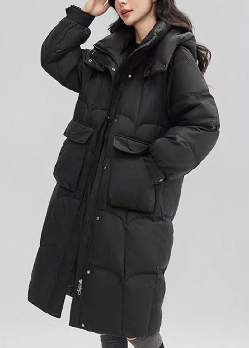 Black Button Patchwork Duck Down Puffers Coat Zip Up Langermet - Dunjakker for kvinner