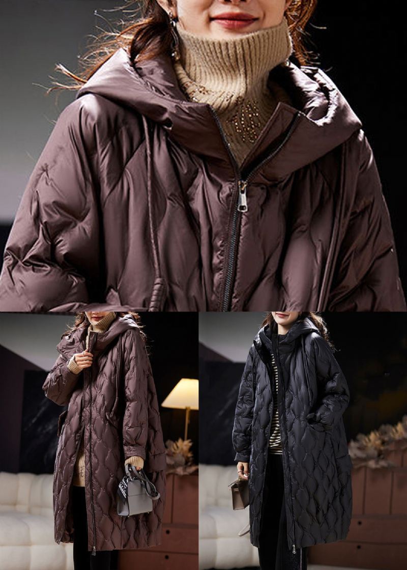 Black Lace Up Duck Down Parka Zip Up Langermet - Dunjakker for kvinner