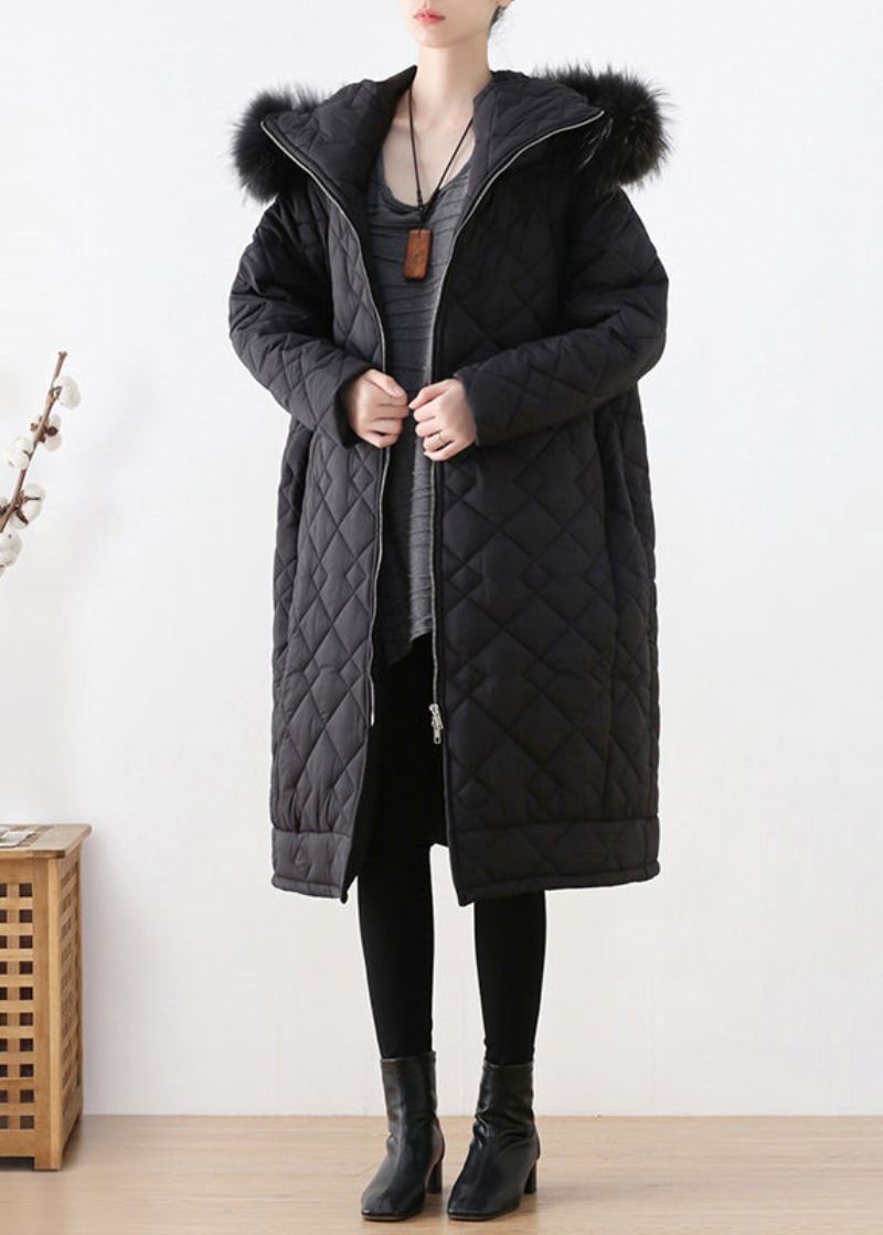 Blck Rutete Tykk Hette Lang Parka Vinter - Blck