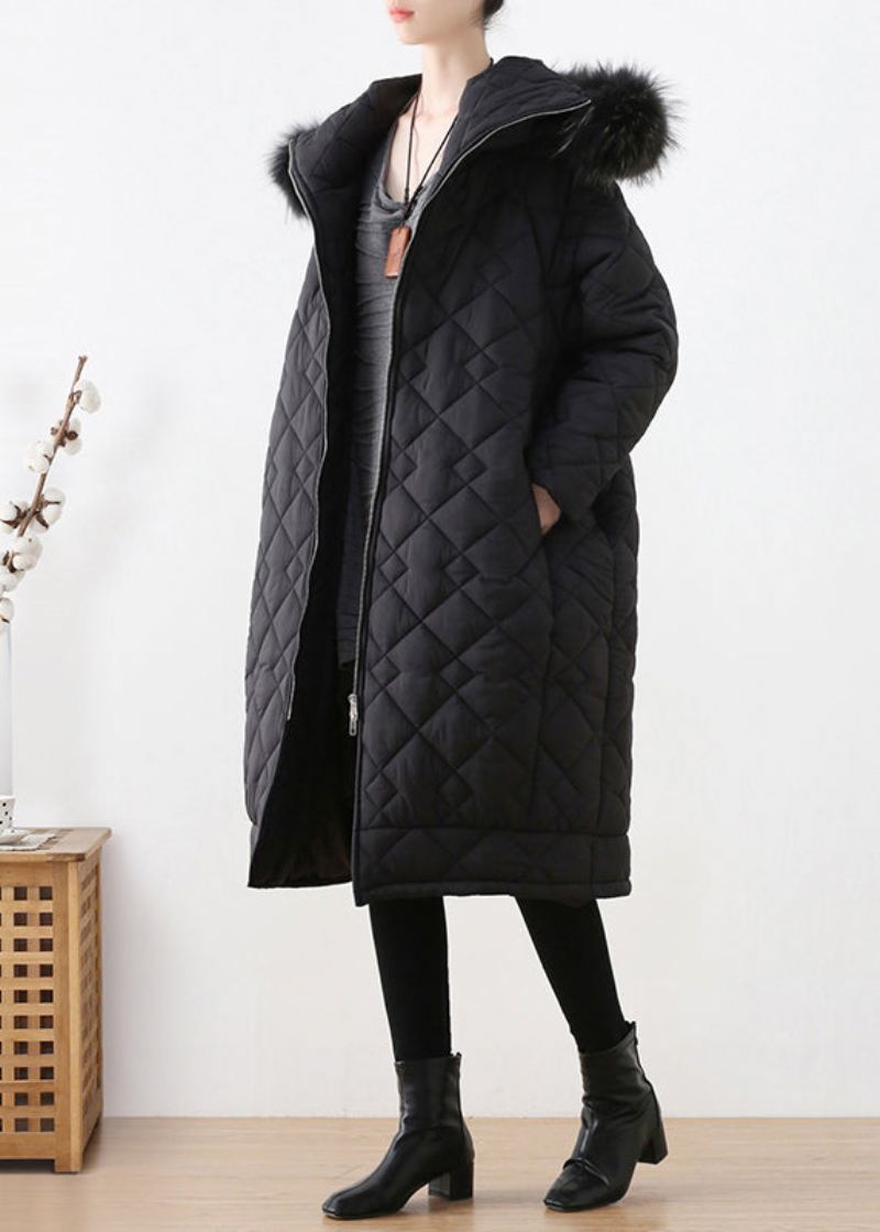 Blck Rutete Tykk Hette Lang Parka Vinter - Blck