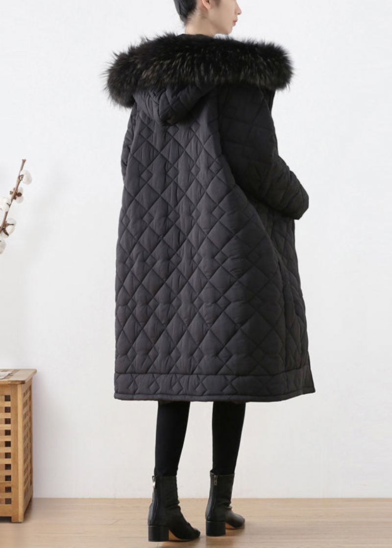 Blck Rutete Tykk Hette Lang Parka Vinter - Blck