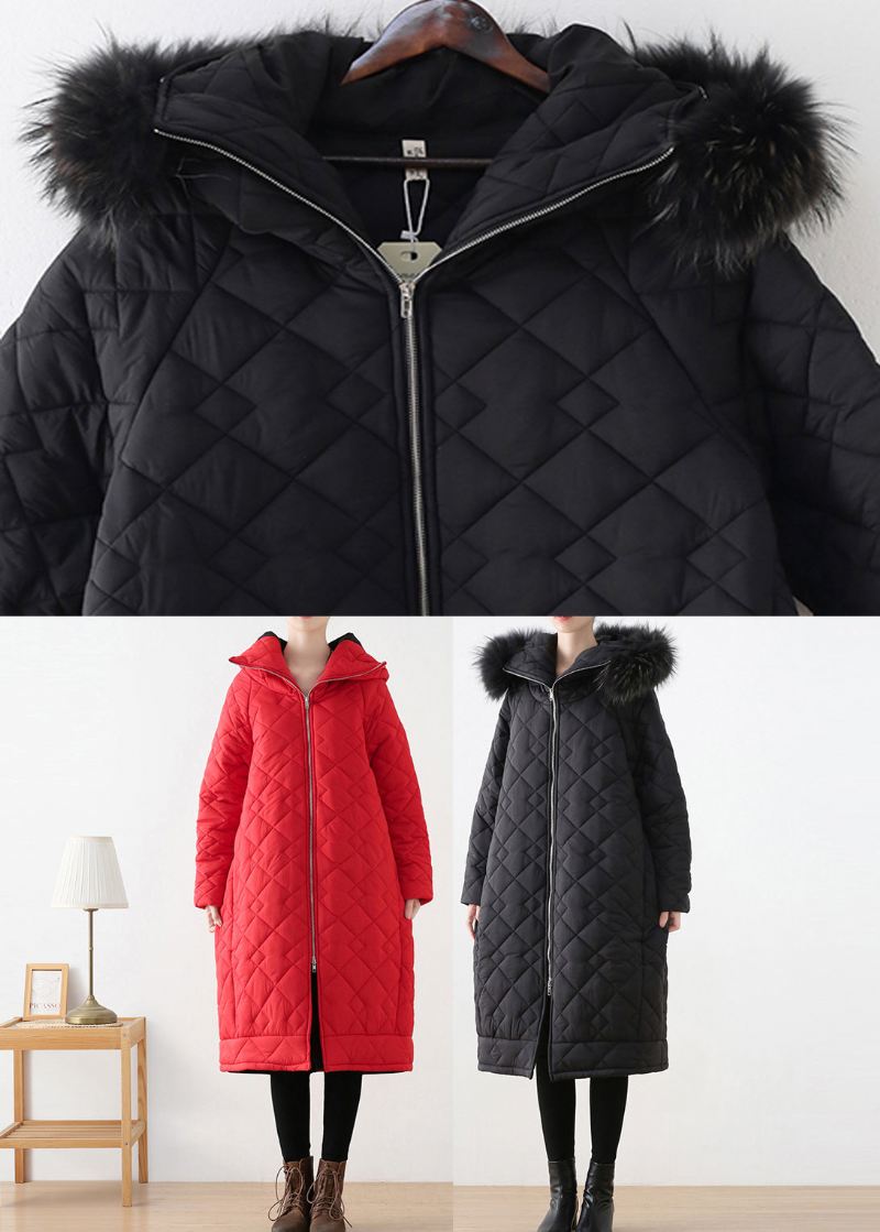 Blck Rutete Tykk Hette Lang Parka Vinter - Blck