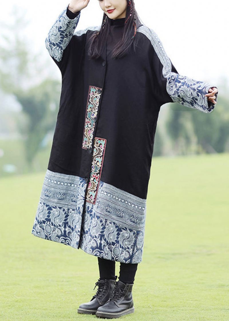 Bohemian Black Brodered Patchwork Fin Cotton Fylt Coat Spring