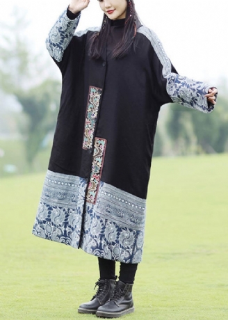 Bohemian Black Brodered Patchwork Fin Cotton Fylt Coat Spring