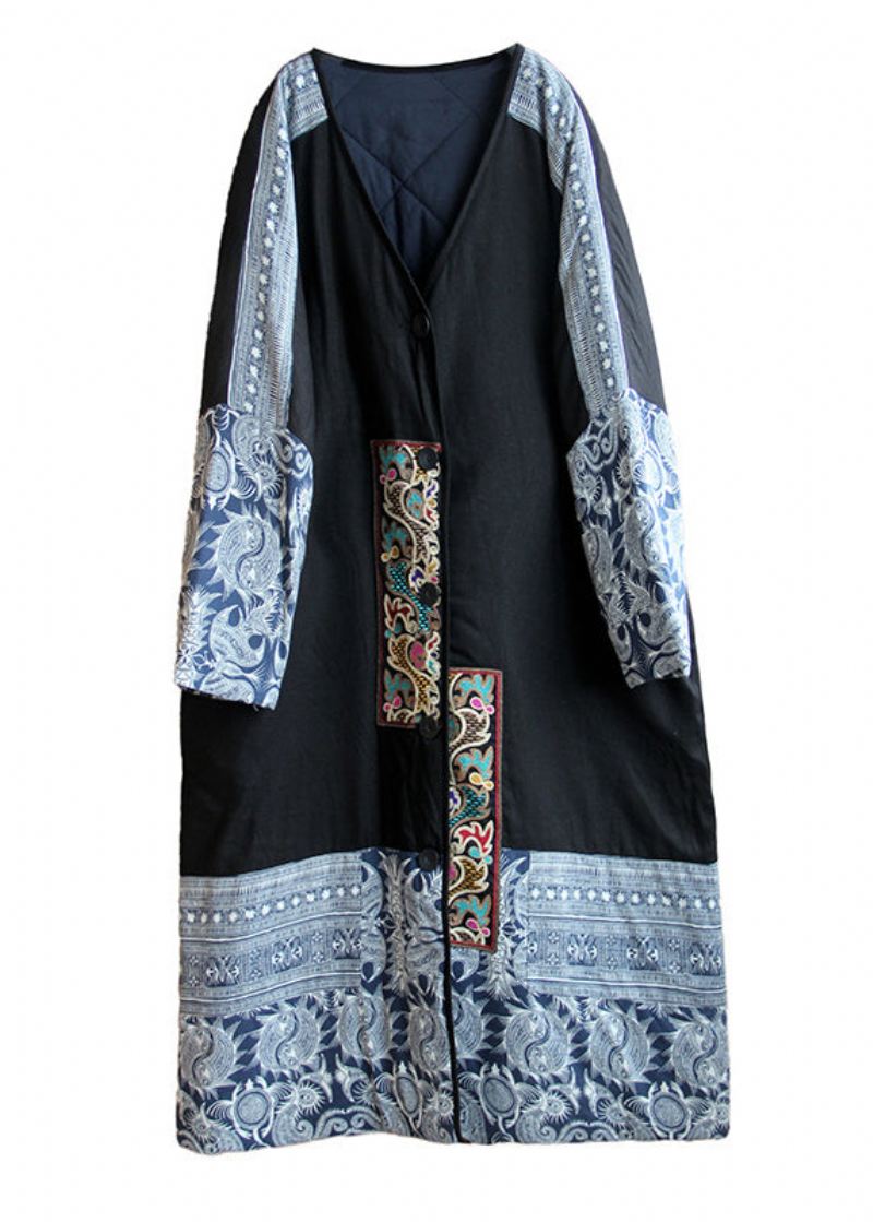 Bohemian Black Brodered Patchwork Fin Cotton Fylt Coat Spring - Dunjakker for kvinner