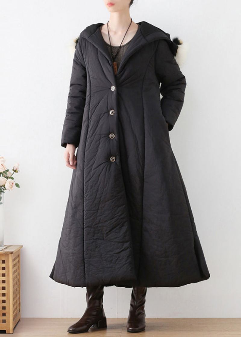 Bohemian Black Button Hette Lang Parka Winter - Svart