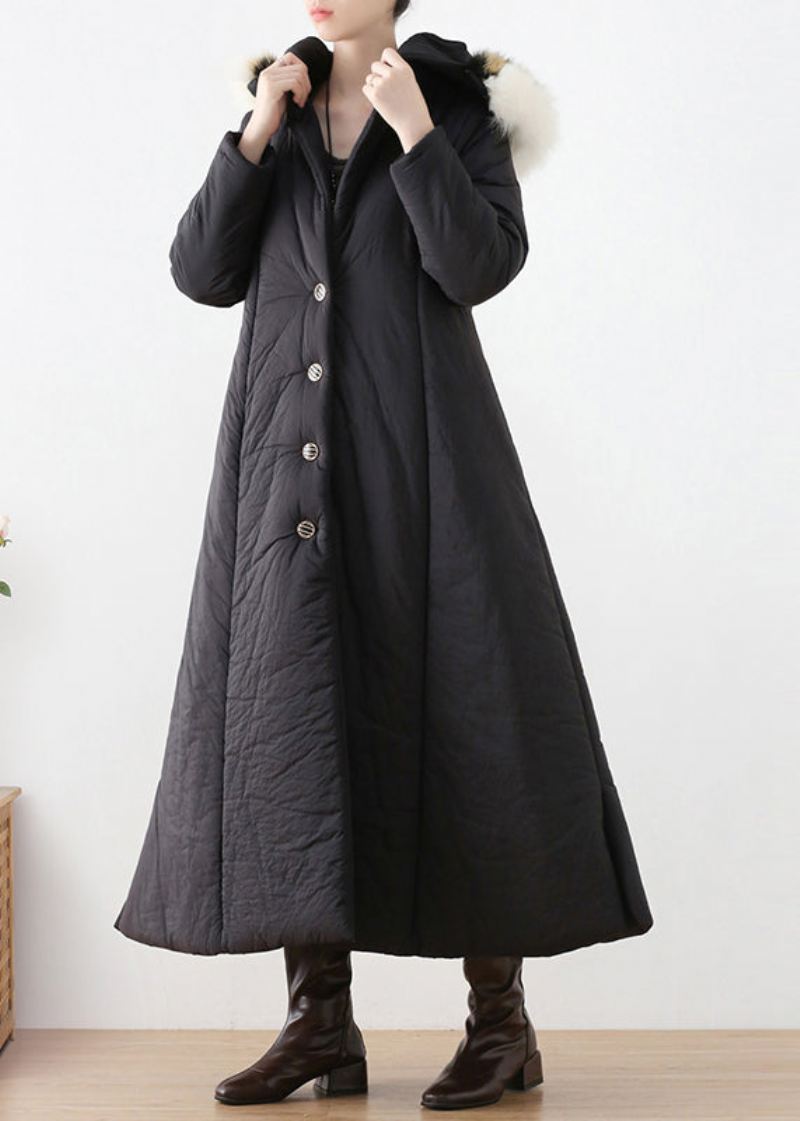 Bohemian Black Button Hette Lang Parka Winter - Svart