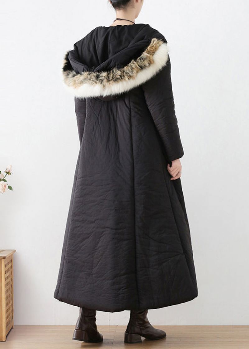 Bohemian Black Button Hette Lang Parka Winter - Svart