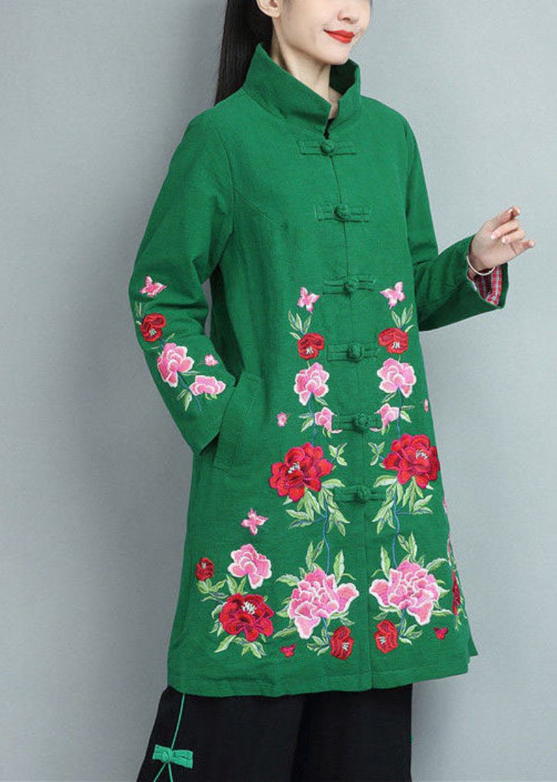 Bohemian Green Stand Collar Brodert Cotton Coats Fall