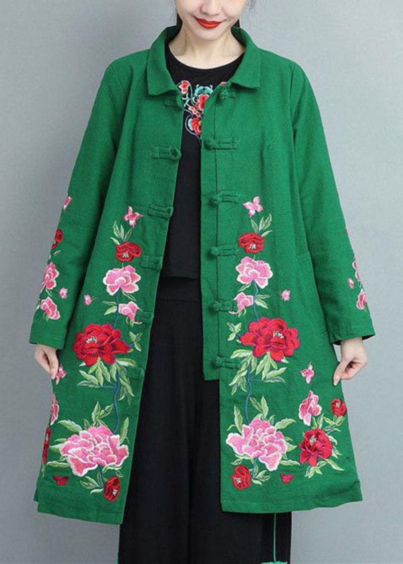 Bohemian Green Stand Collar Brodert Cotton Coats Fall - Dunjakker for kvinner