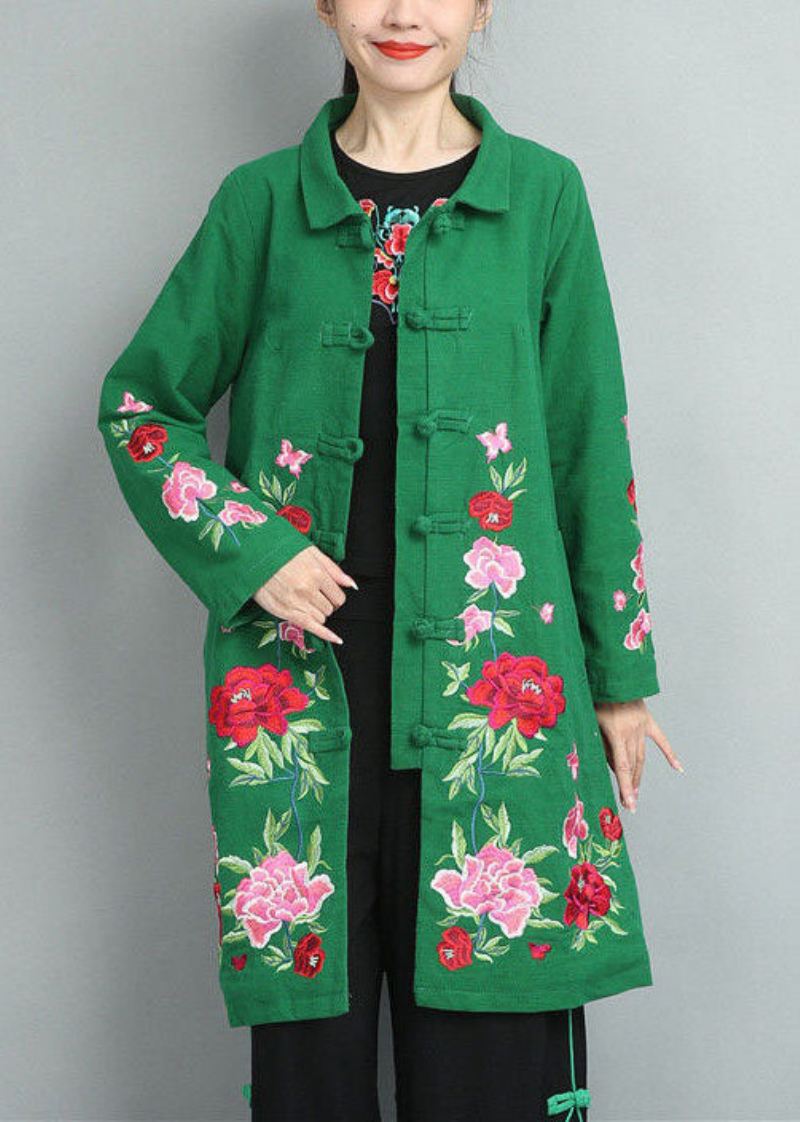 Bohemian Green Stand Collar Brodert Cotton Coats Fall - Dunjakker for kvinner