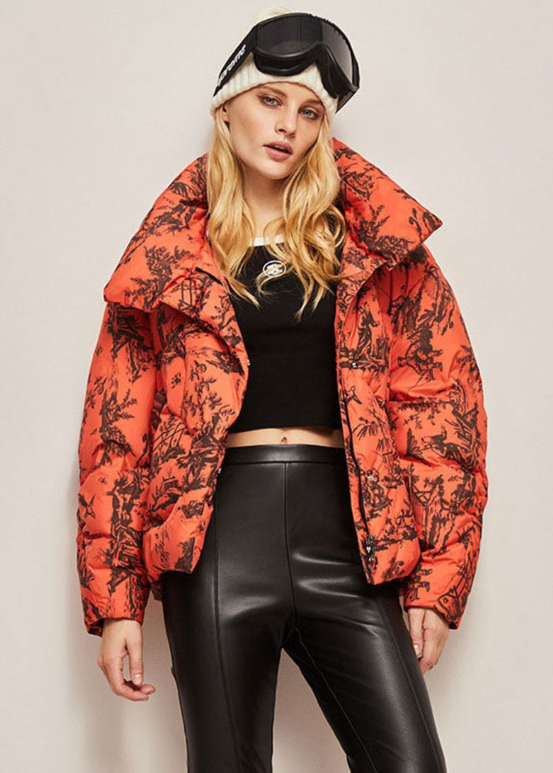 Bohemian Orange Stand Collar Zip Up Print Andedunjakker Vinter