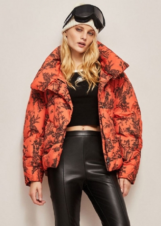 Bohemian Orange Stand Collar Zip Up Print Andedunjakker Vinter