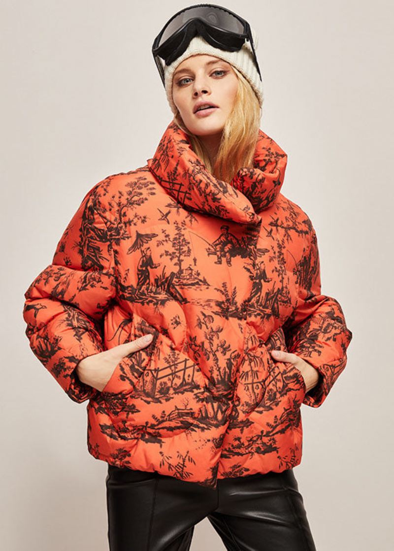 Bohemian Orange Stand Collar Zip Up Print Andedunjakker Vinter - Oransje