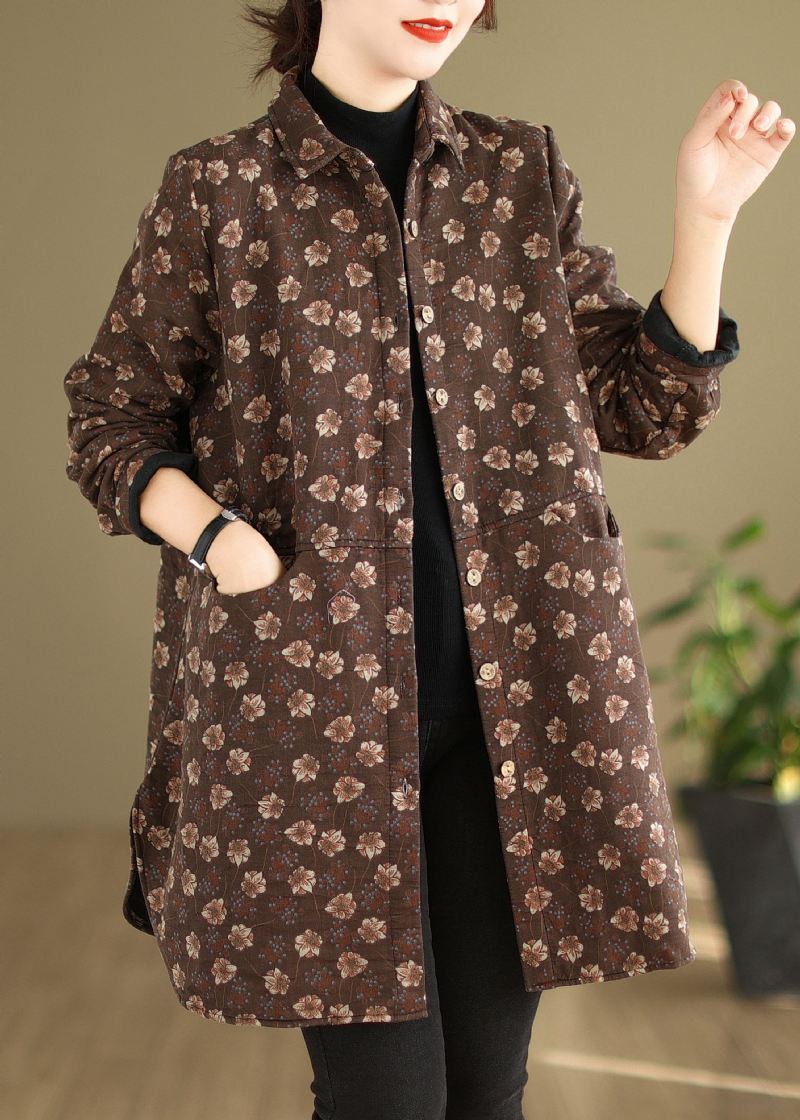 Bohemian Purple Peter Pan Krage Lommer Print Varm Fleece Coat Vinter - Dunjakker for kvinner