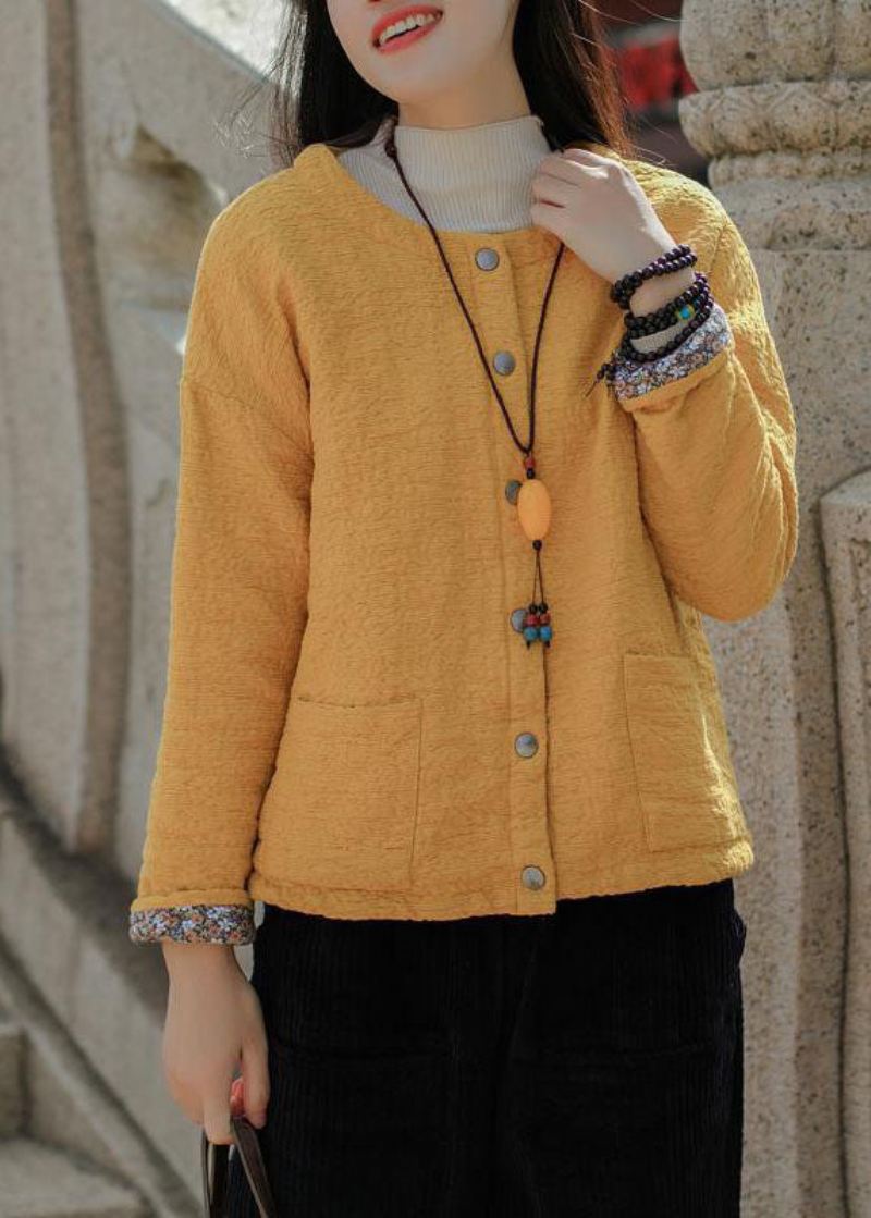 Bohemian Yellow Jacquard Solid Fin Cotton Fylt Coat Outwear Winter