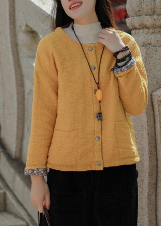 Bohemian Yellow Jacquard Solid Fin Cotton Fylt Coat Outwear Winter