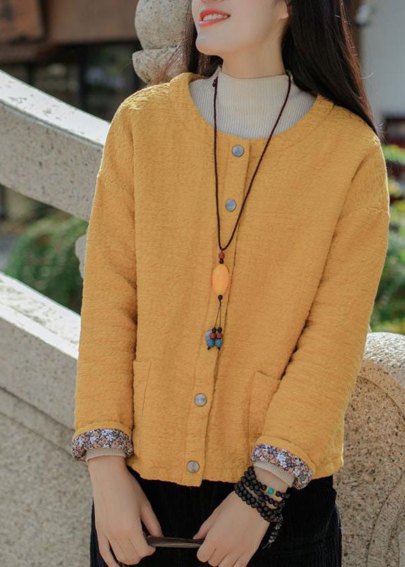 Bohemian Yellow Jacquard Solid Fin Cotton Fylt Coat Outwear Winter - Gul