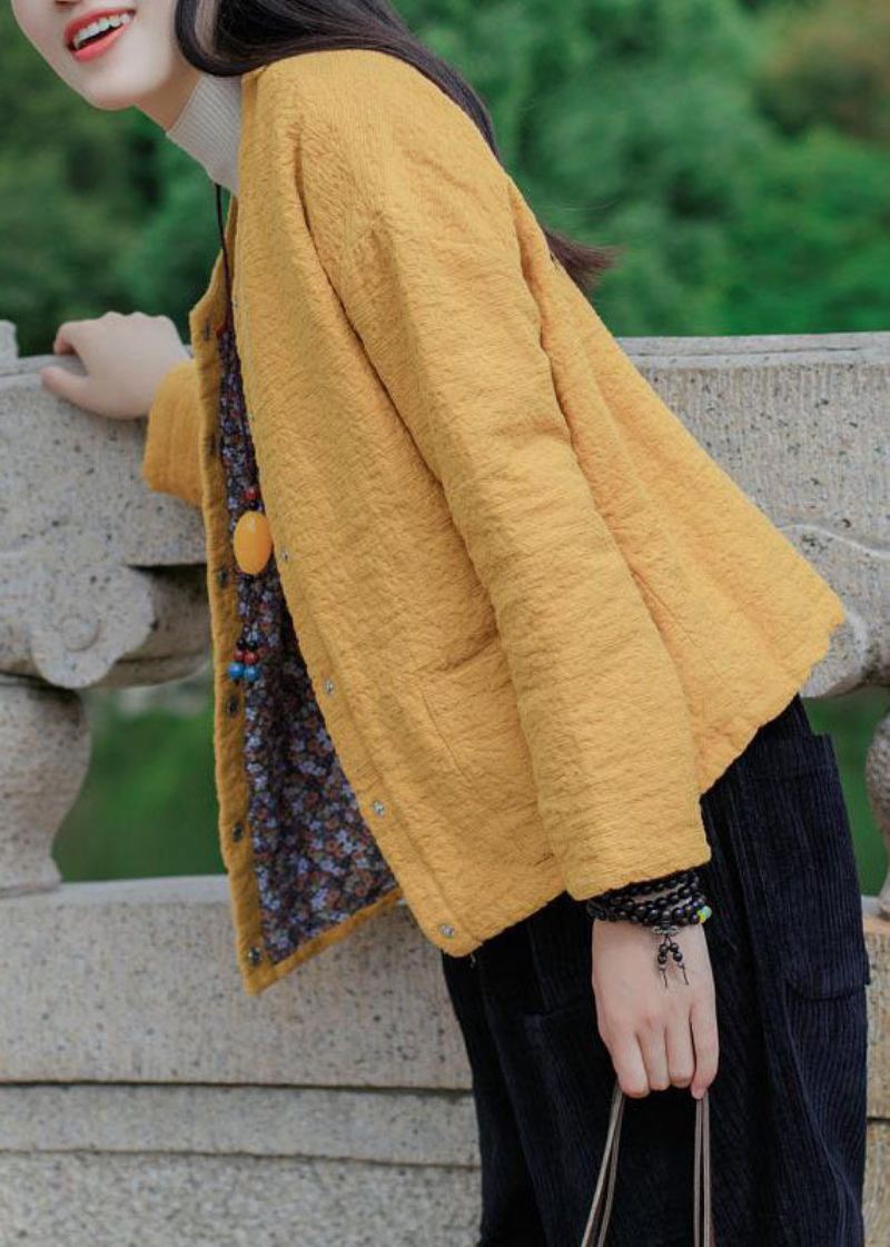 Bohemian Yellow Jacquard Solid Fin Cotton Fylt Coat Outwear Winter - Gul