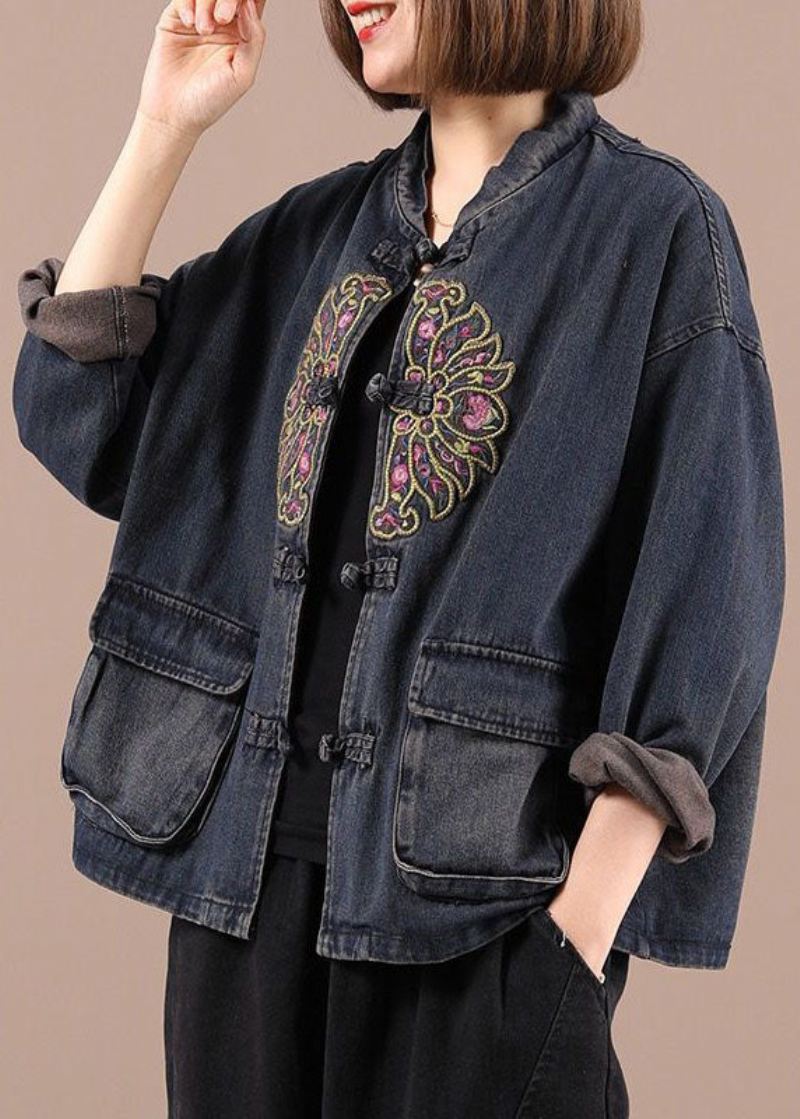 Boho Black Button Brodered Lommer Fall Denim Jakker