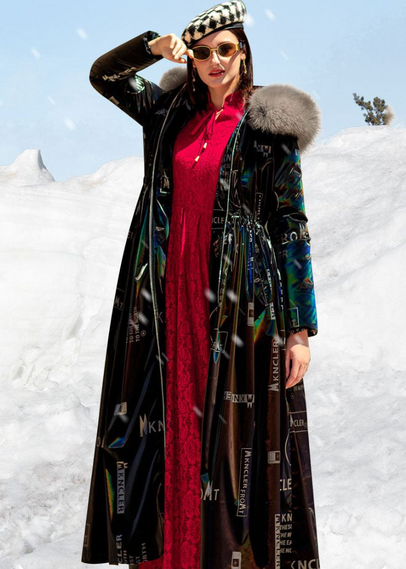 Boho Black Fox Krage Snøring Brevtrykk Duck Down Puffers Jakker Vinter - Dunjakker for kvinner