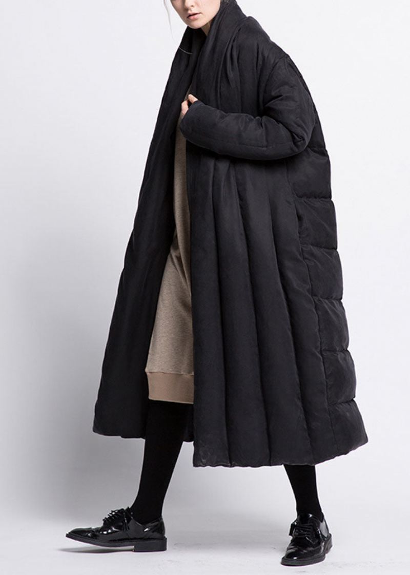 Boho Black Sløyfe Lommer Tykke Løs Vinter Duck Down Coat - Svart