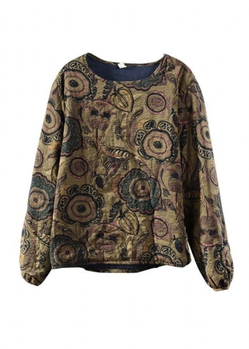 Boho Coffee O Neck Print Fin Bomull Fylt Pullover Sweatshirt Spring - Dunjakker for kvinner