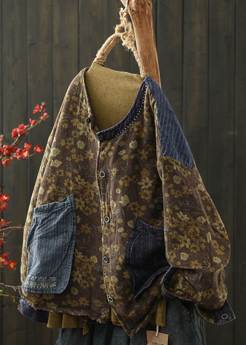 Boho Coffee Print Lommer Denim Patchwork Fin Bomullsfylt Jakke Vinter