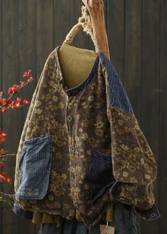 Boho Coffee Print Lommer Denim Patchwork Fin Bomullsfylt Jakke Vinter