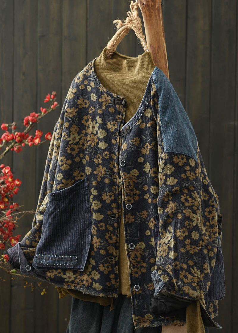 Boho Coffee Print Lommer Denim Patchwork Fin Bomullsfylt Jakke Vinter - Dunjakker for kvinner