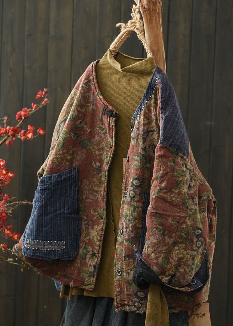 Boho Coffee Print Lommer Denim Patchwork Fin Bomullsfylt Jakke Vinter - Dunjakker for kvinner