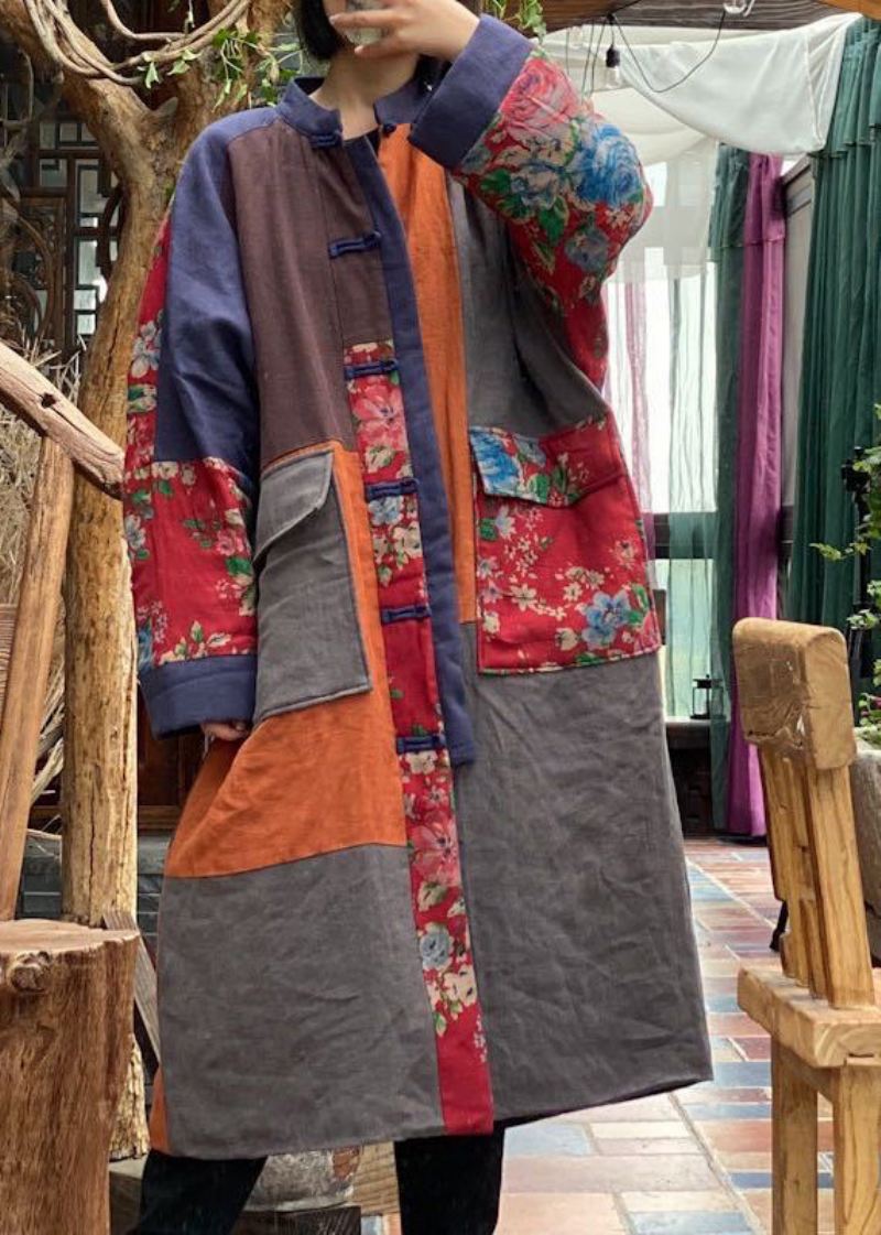 Boho Colorblock Lommer Patchwork Plus Størrelse Fin Bomullsfylt Kåpe Vinter