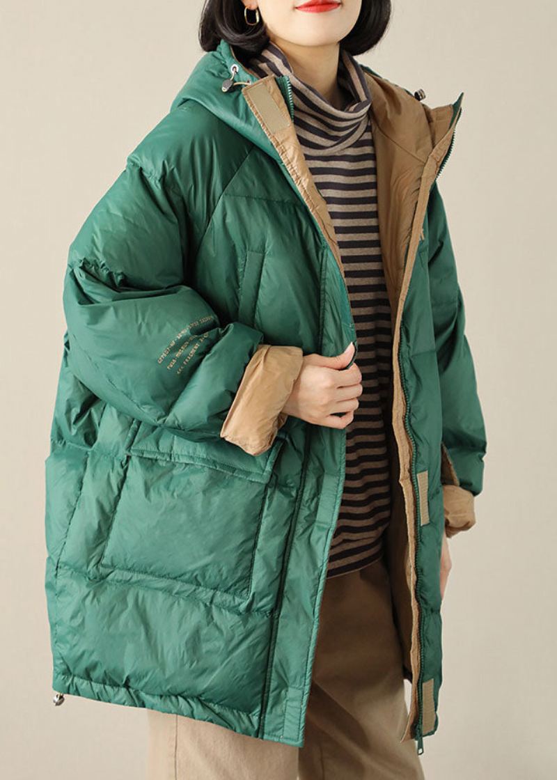 Boho Green Graphic Loose Duck Down Puffer Med Glidelås