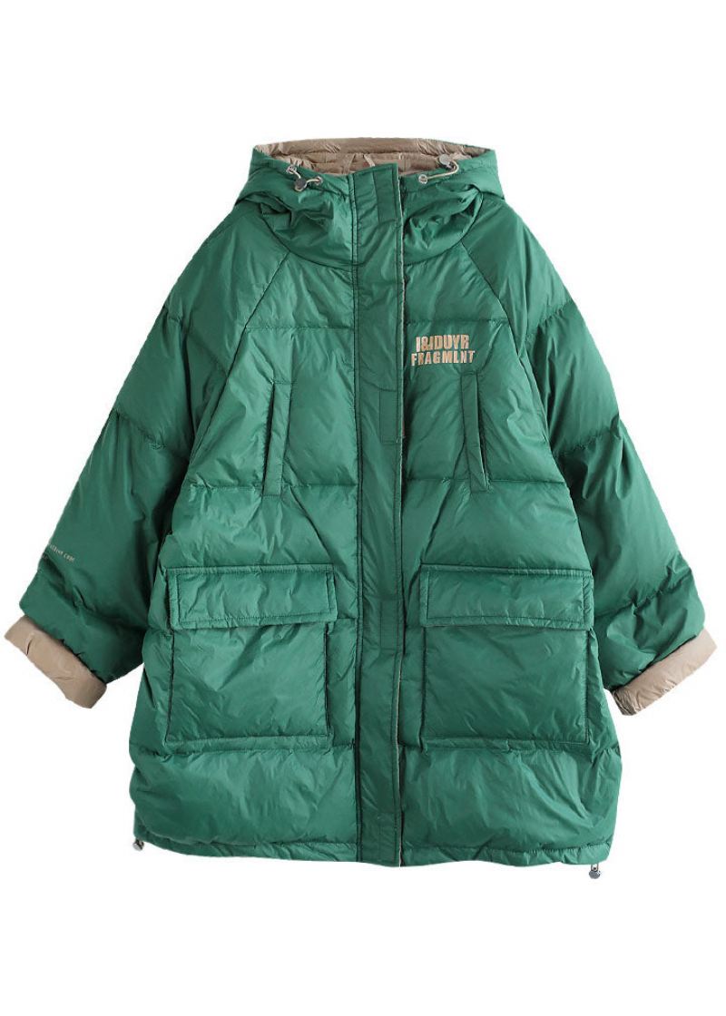 Boho Green Graphic Loose Duck Down Puffer Med Glidelås - Hvit